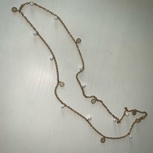 Tory Burch gold and pearl logo long necklace